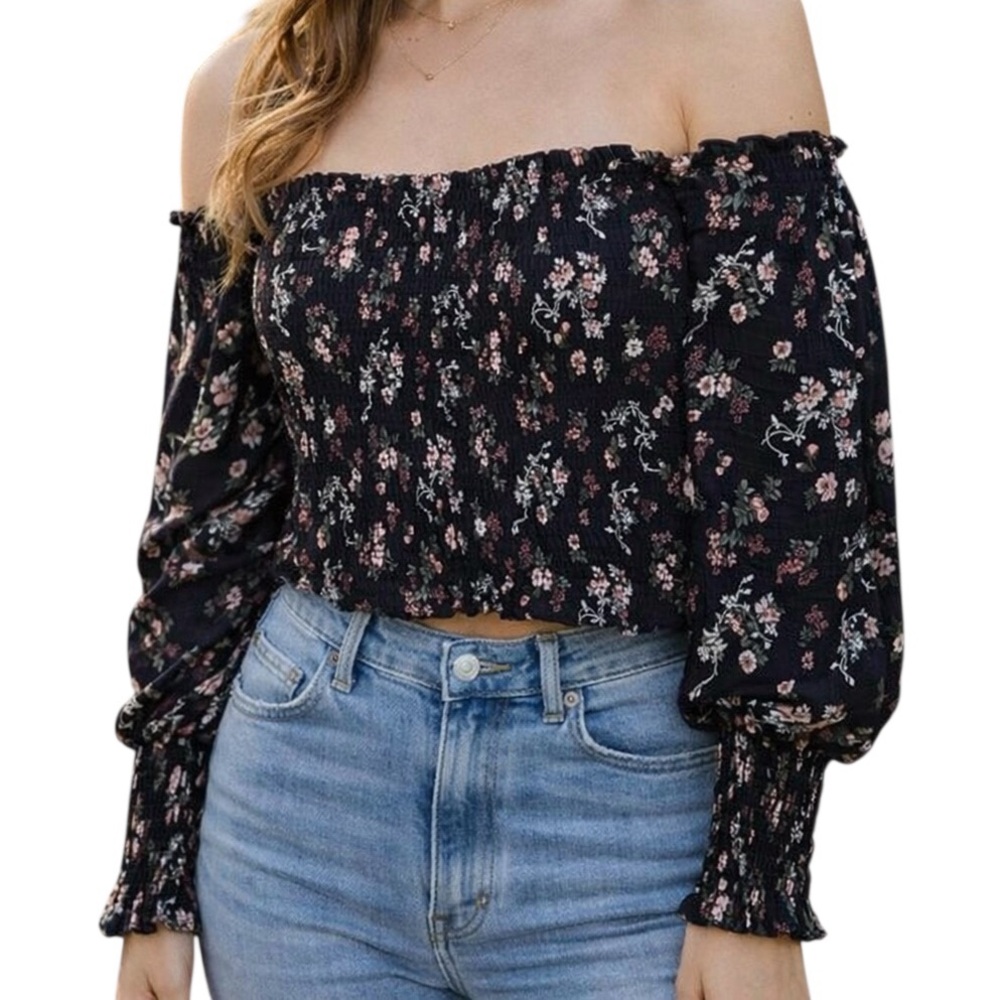 Reformation black Floral smocked long sleeve top